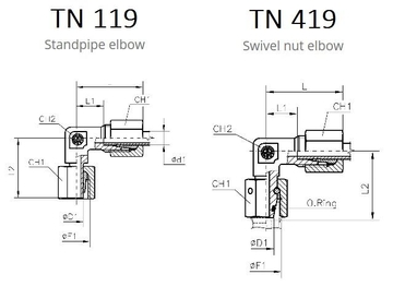 TN119, TN419 Угловой адаптер (штуцер труба-с регулируемой гайкой)
